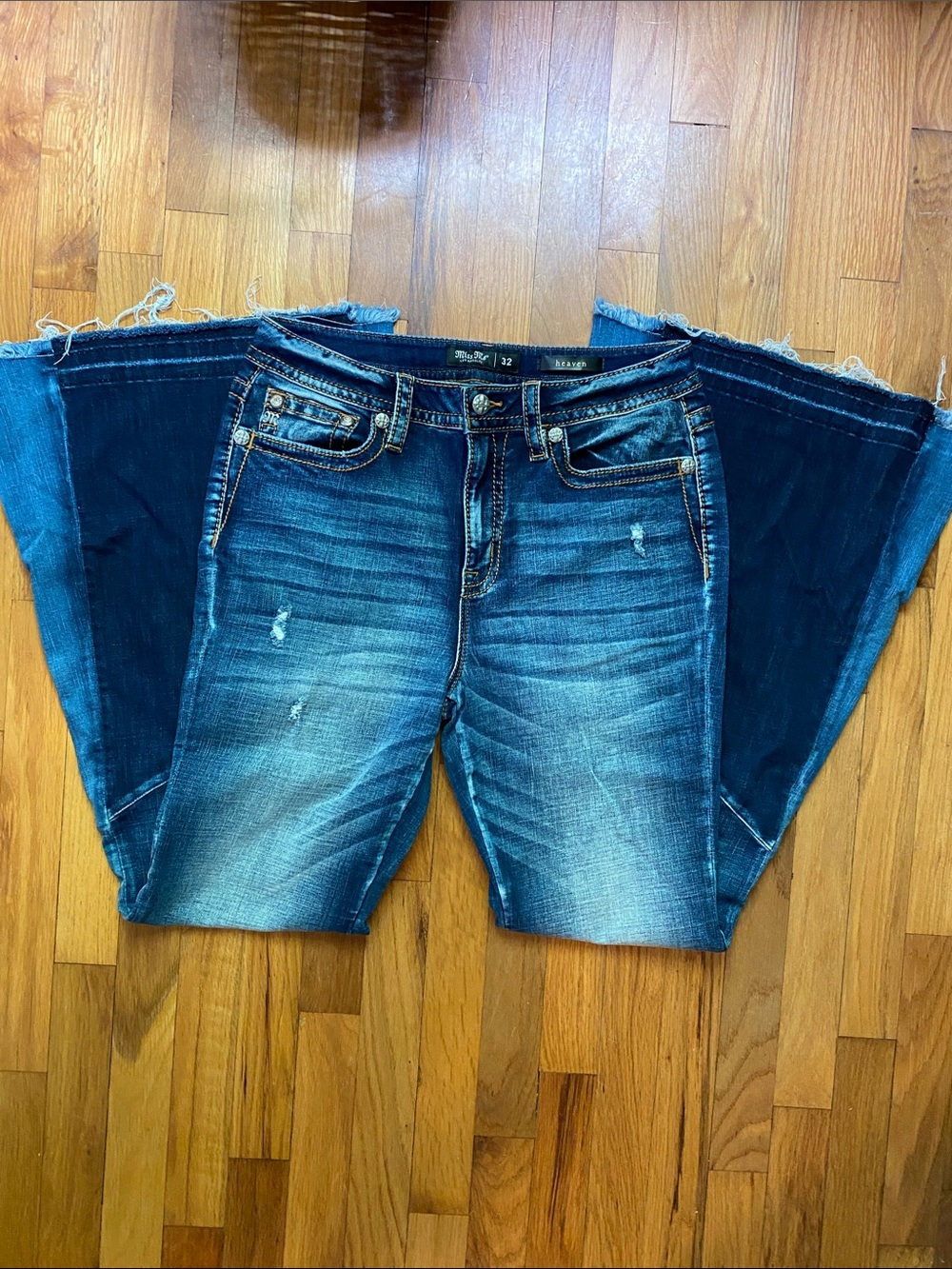 Miss Me Blue Denim Frayed Hem Flare Jeans - Picture 2 of 5